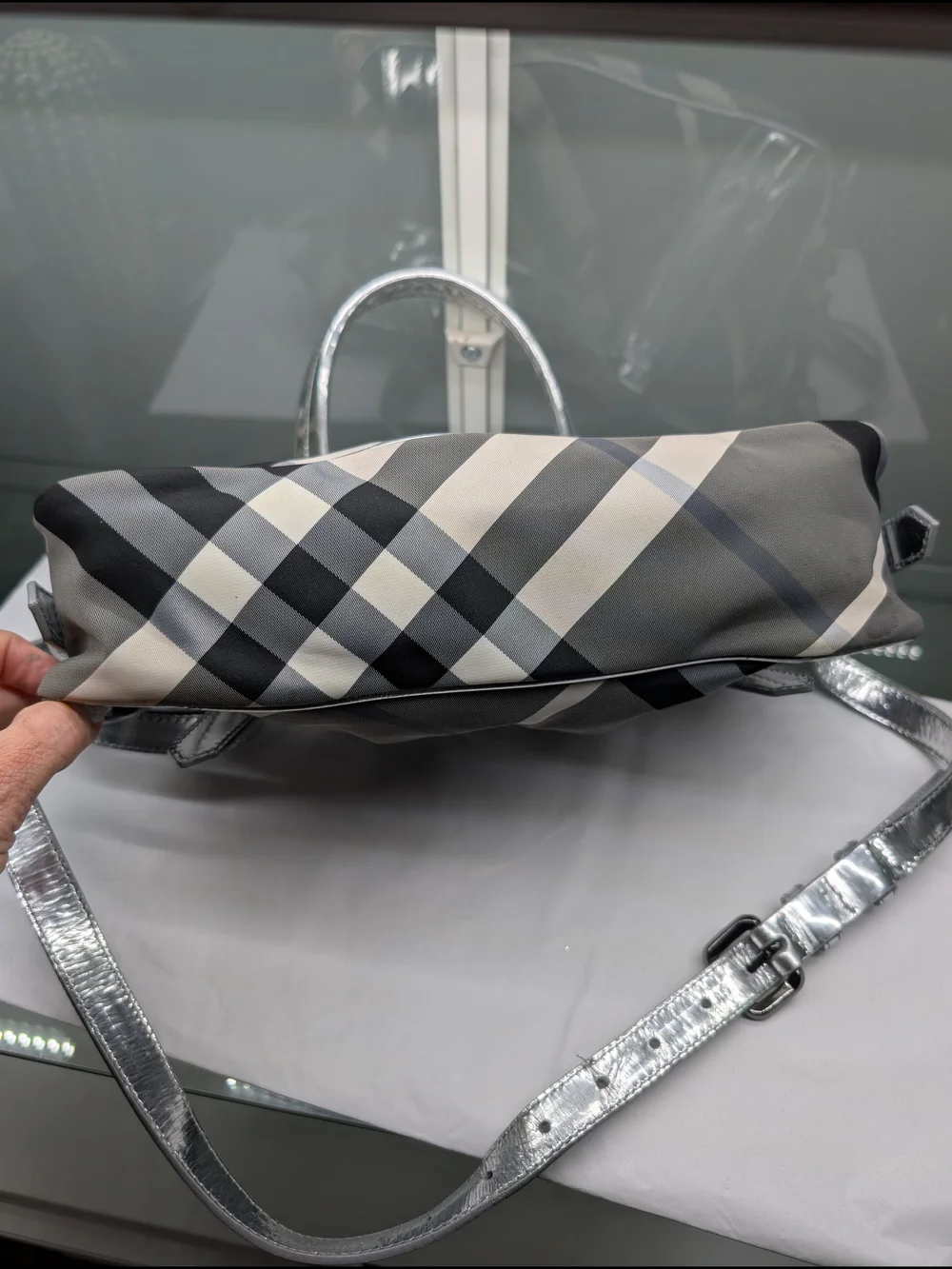 Burberry Black & Silver Plaid Tote Handbag